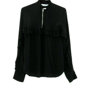 & Other Stories Ruffled Long Sleeve Half Zip Blouse in Black